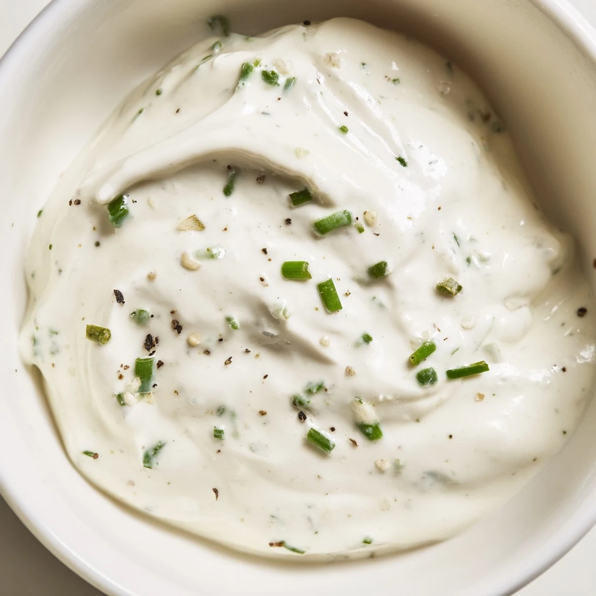 A whisk stirring the rich and tangy homemade Creamy Salad Dressing, showcasing its smooth texture.