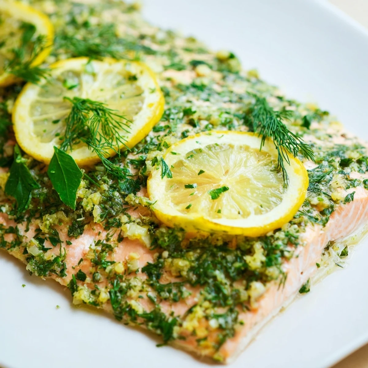 Golden-brown Baked Salmon with Lemon and Herbs, garnished with fresh dill and lemon wedges on a rustic plate.