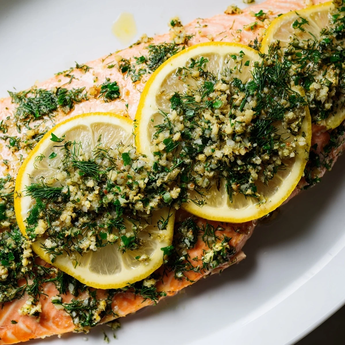 A close-up of flaky, oven-baked salmon fillet with lemon slices and herbs, ready for a healthy dinner.