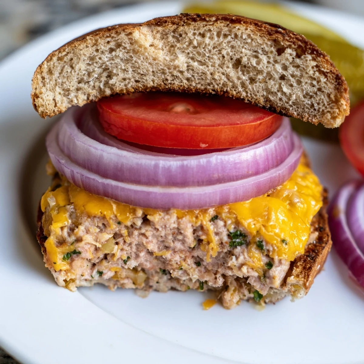A plated Turkey Cheese Burger with crisp veggies and sauce, paired with sweet potato fries on a wooden table.