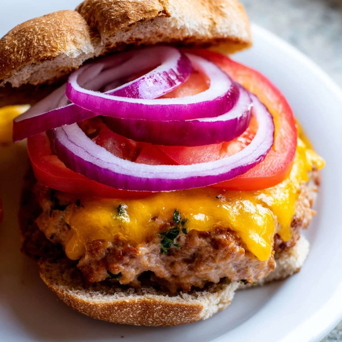 Golden-brown Turkey Cheese Burger patties sizzling on a hot skillet, ready to be topped with cheese and served.