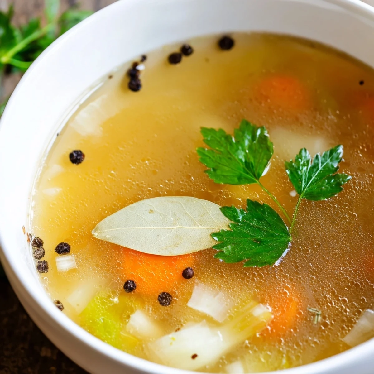 A close-up of Homemade Vegetable Broth with Herbs and Scraps in a rustic bowl beside crusty bread.