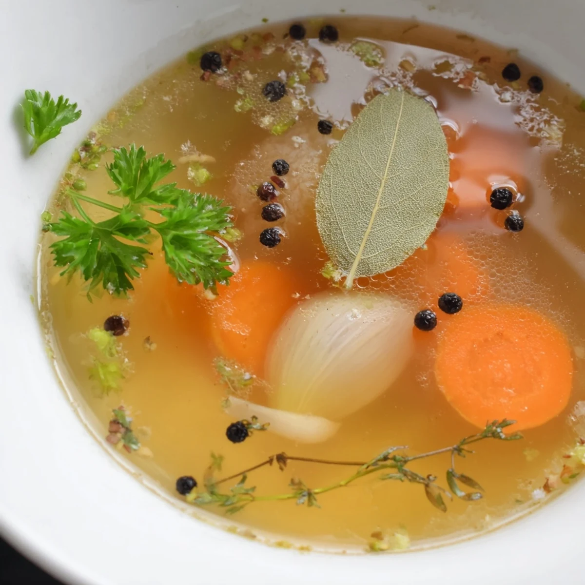 Clear golden Homemade Vegetable Broth with Herbs and Scraps simmering in a stainless steel pot, steam rising.