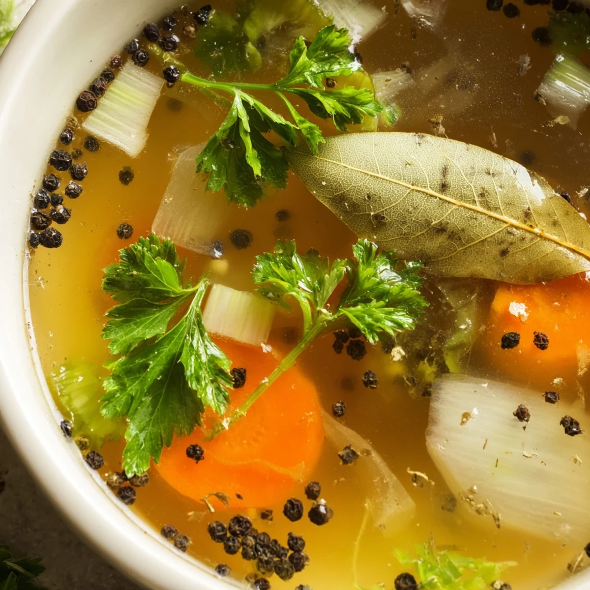 Freshly strained Homemade Vegetable Broth with Herbs and Scraps stored in glass mason jars on a counter.