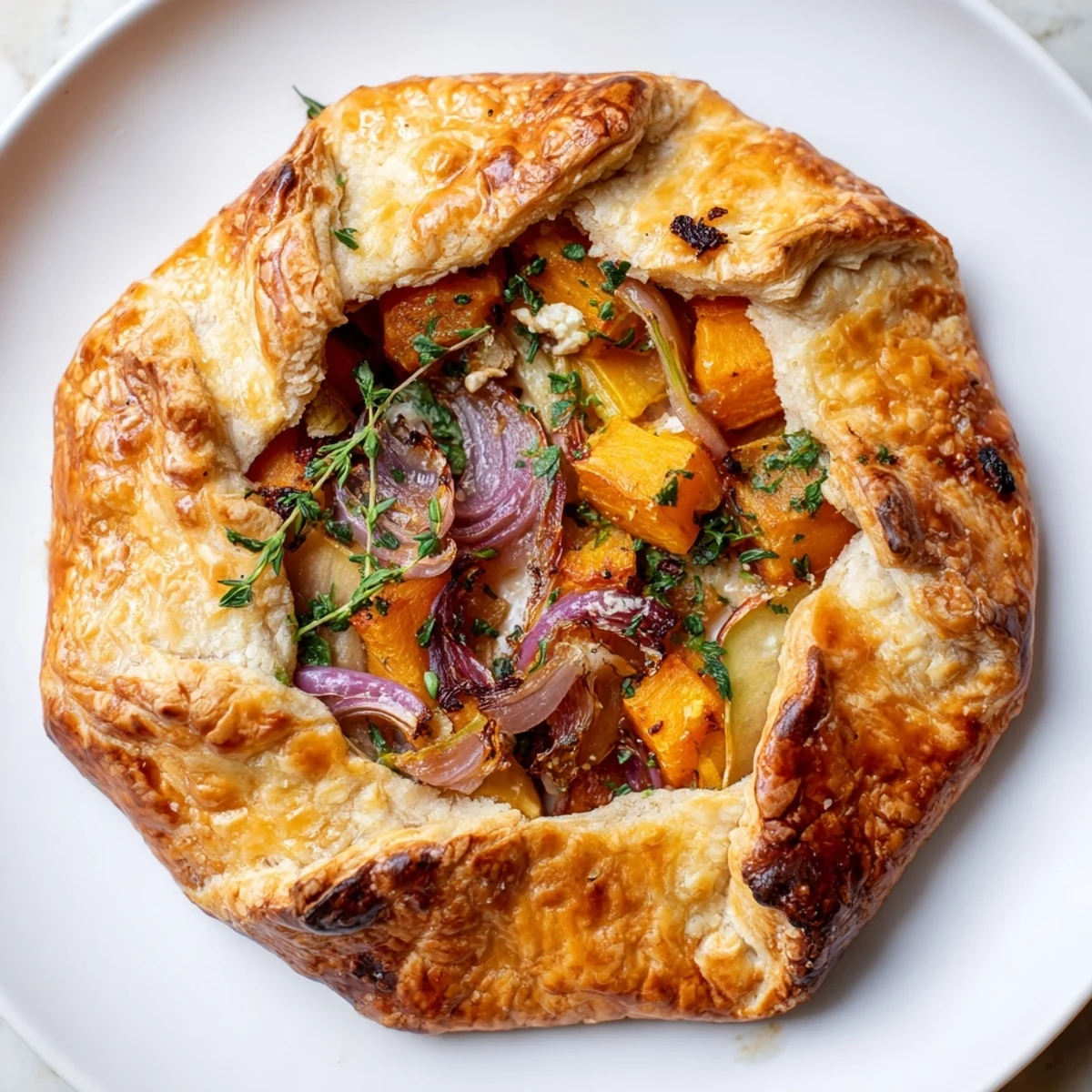 Rustic galette filled with tender squash, apples, and onions sits on a wooden board, garnished with fresh thyme and parsley, perfect for a vegetarian dinner.