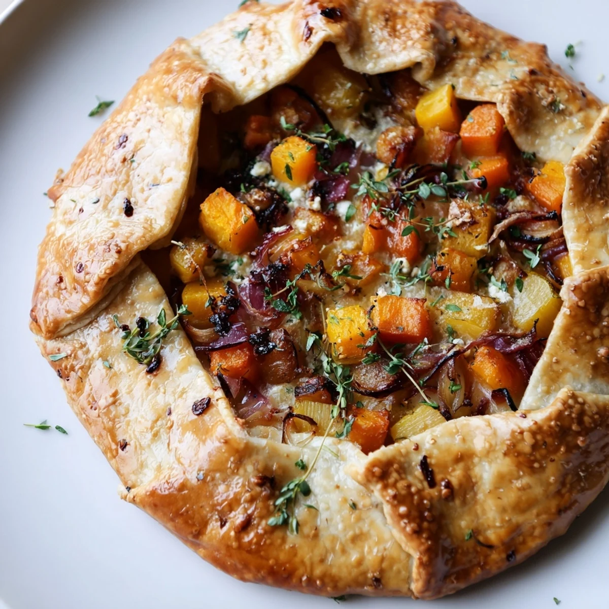 A close-up of a slice reveals layers of savory and sweet ingredients in the Roasted Butternut Squash and Apple Galette, crusted with coarse sea salt.