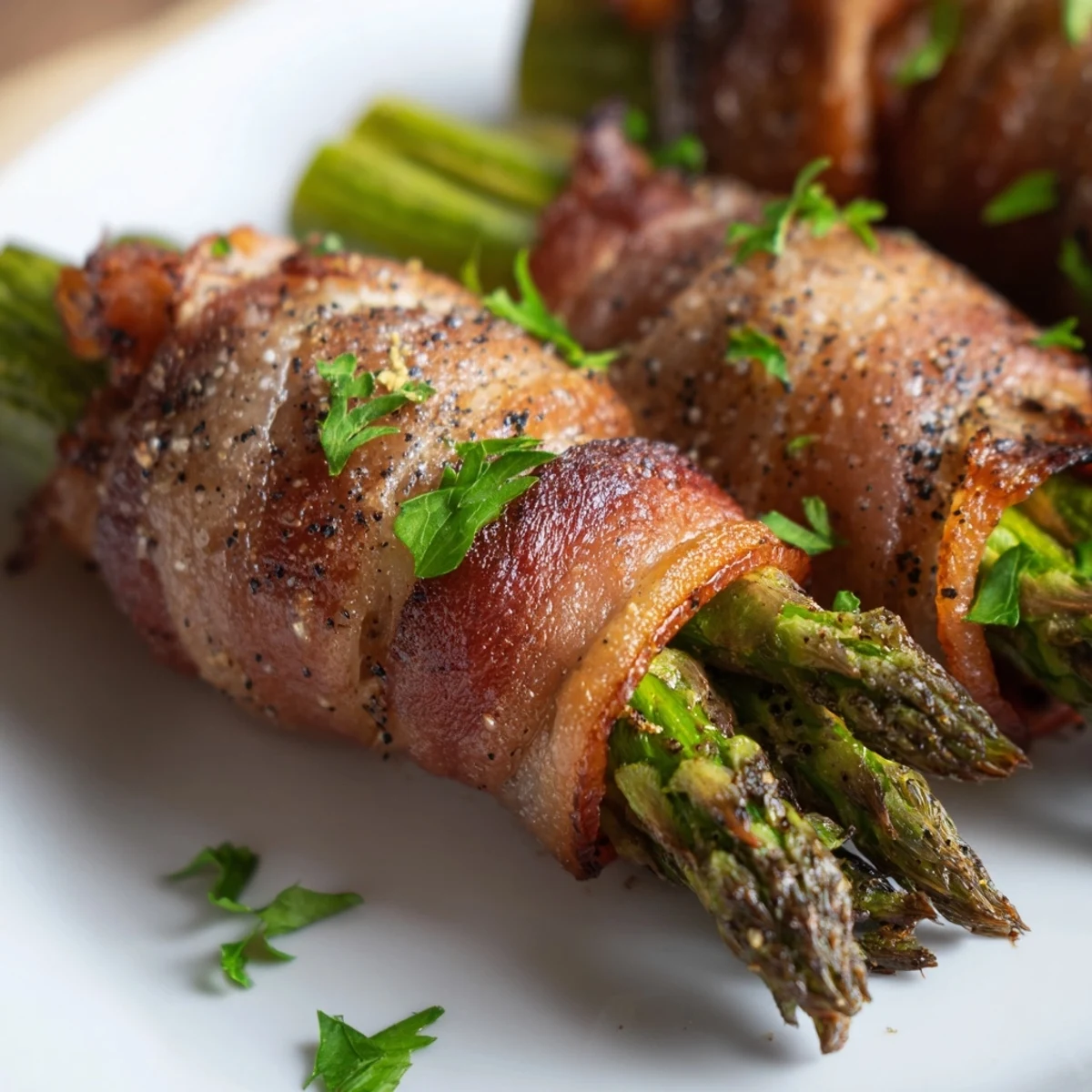 Crispy Beef Bacon Wrapped Asparagus Bundles roasted to smoky perfection, garnished with fresh parsley and served with bright lemon wedges.