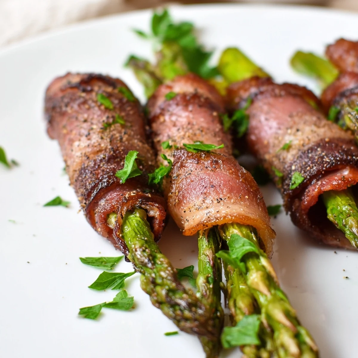 Asparagus spears wrapped in savory beef bacon, crisped in the oven for an easy gluten-free side or party appetizer.