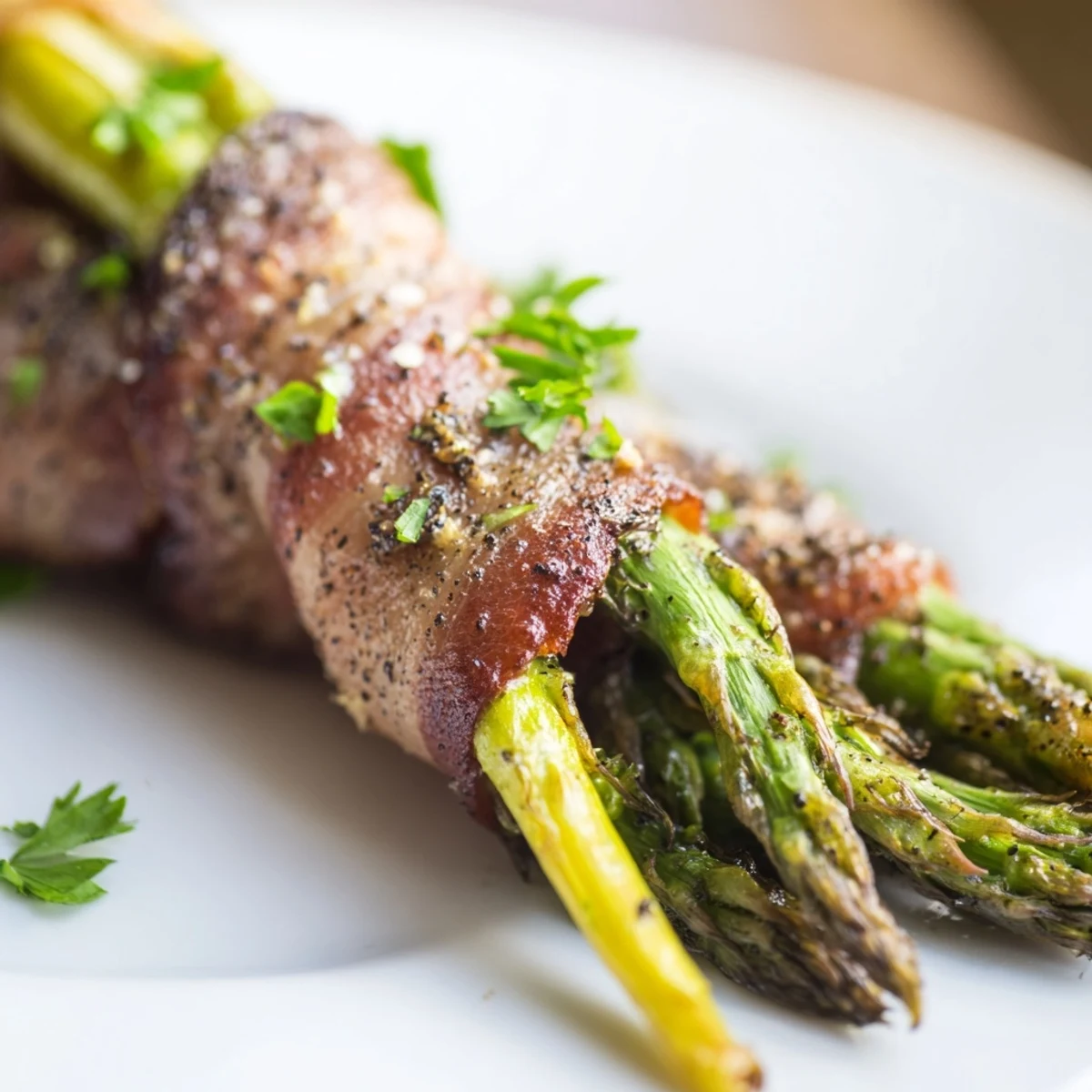 Golden brown Crispy Beef Bacon Wrapped Asparagus Bundles resting on a platter, tender spears peeking out, ready to enjoy.