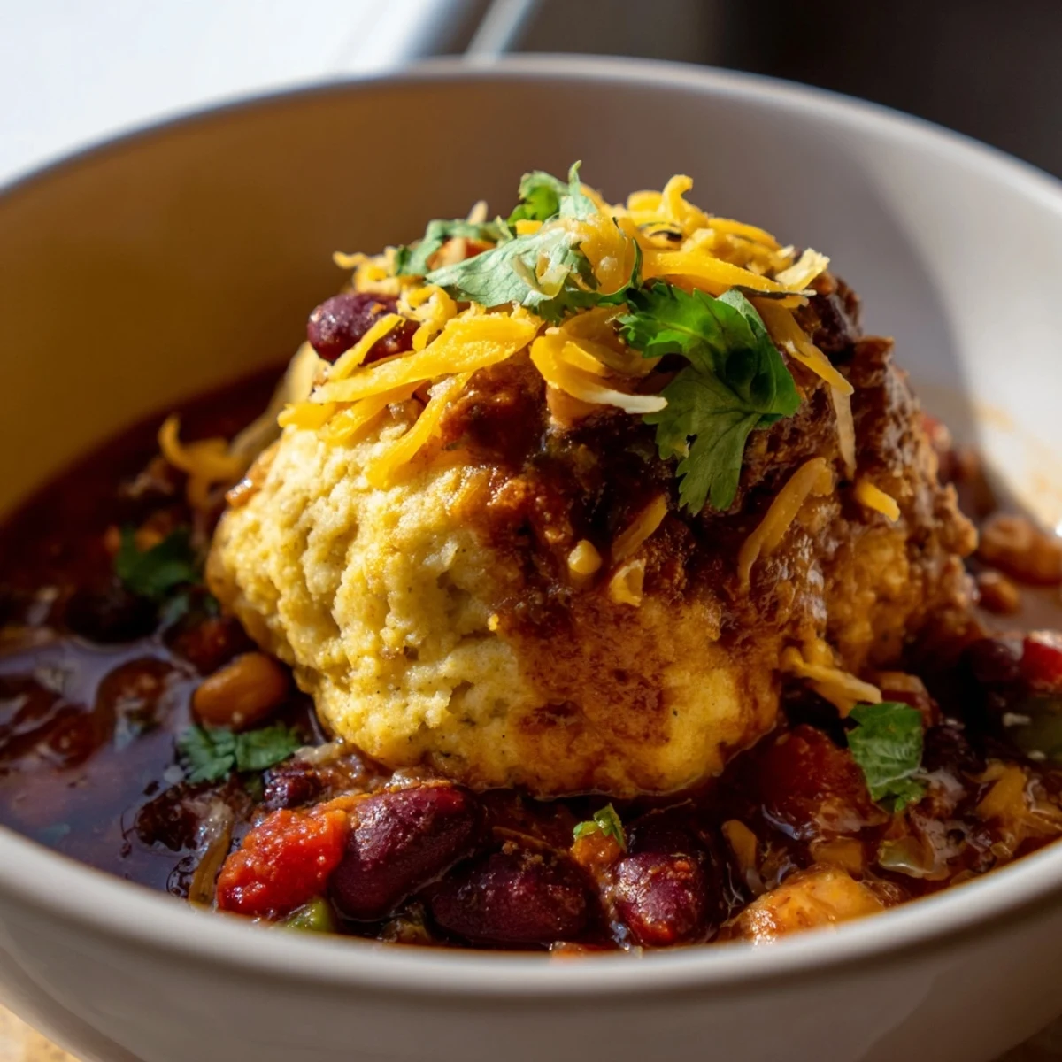 Golden cornbread dumplings sit atop a hearty beef chili with kidney and black beans in a rustic Dutch oven.