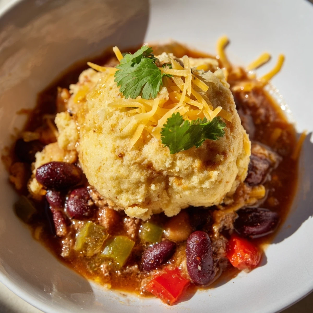 Steaming pot of Beef Chili with Homemade Cornbread Dumplings garnished with fresh cilantro and jalapeños on a wooden table.