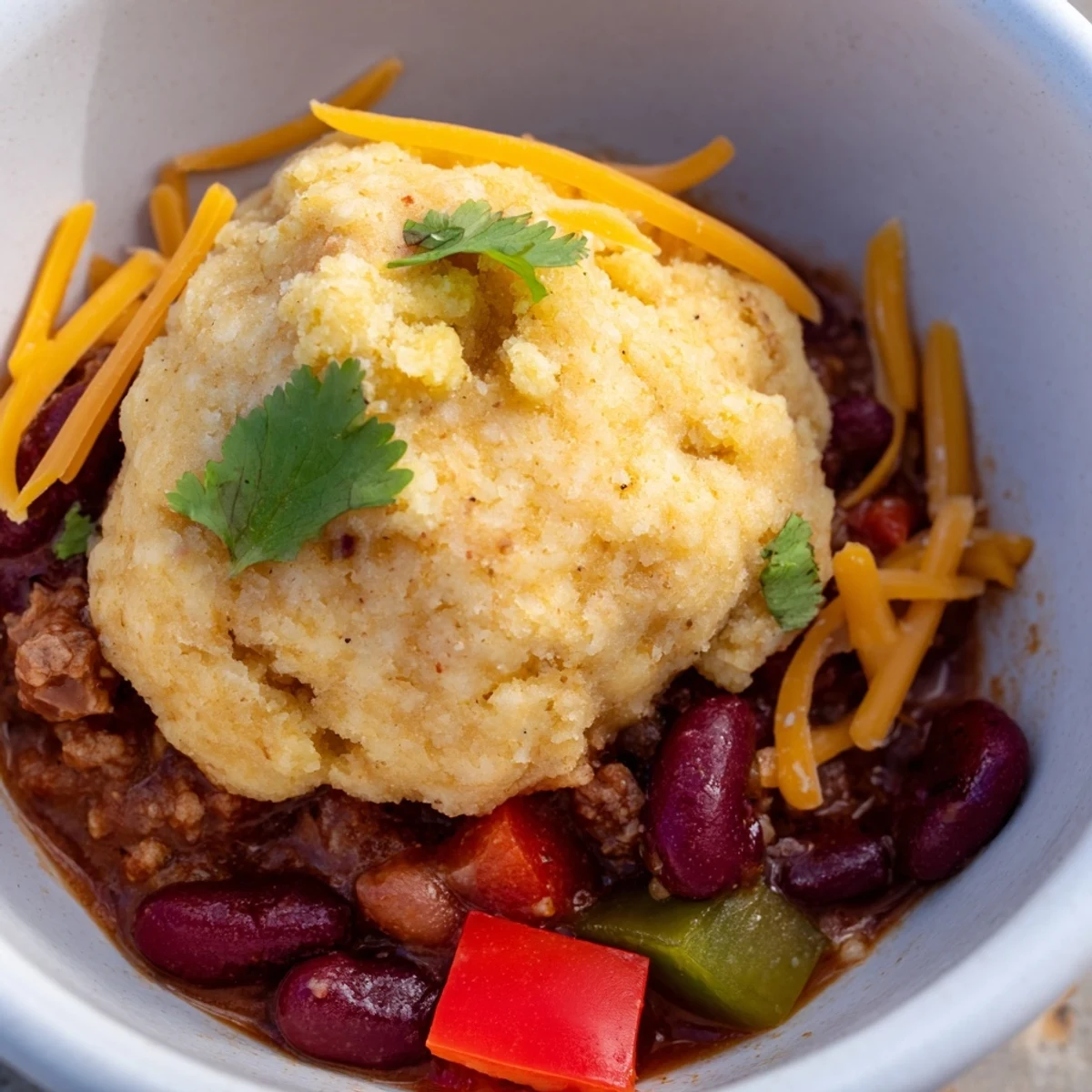 A spoon lifts a fluffy cornbread dumpling from rich, smoky Beef Chili with Homemade Cornbread Dumplings ready to serve.