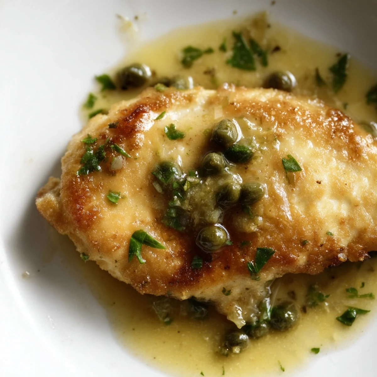 Golden-brown chicken piccata cutlets are plated and smothered in a vibrant lemon-caper sauce, garnished with fresh parsley.