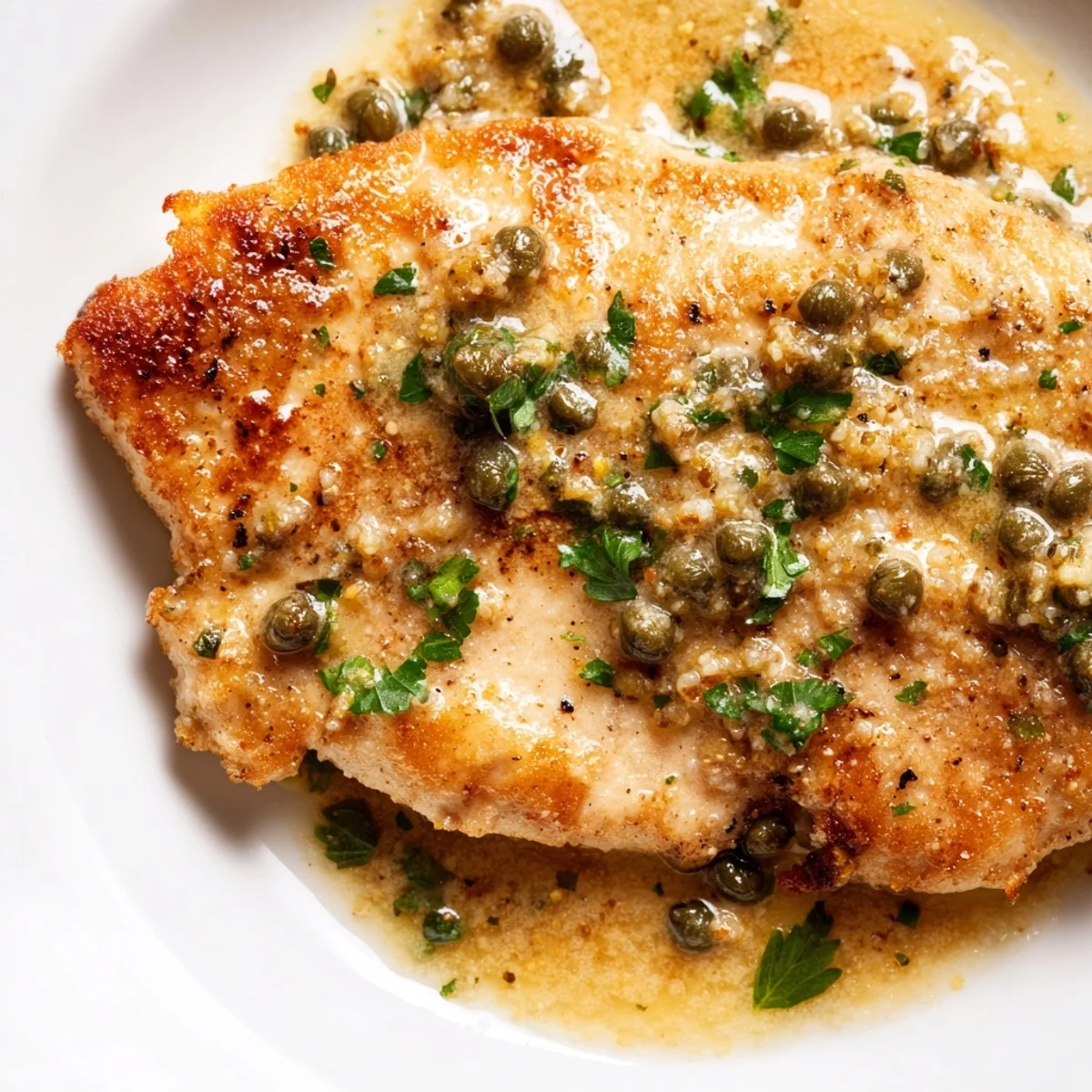Pan-seared chicken piccata with golden edges rests in a skillet filled with zesty lemon, briny capers, and herbs.