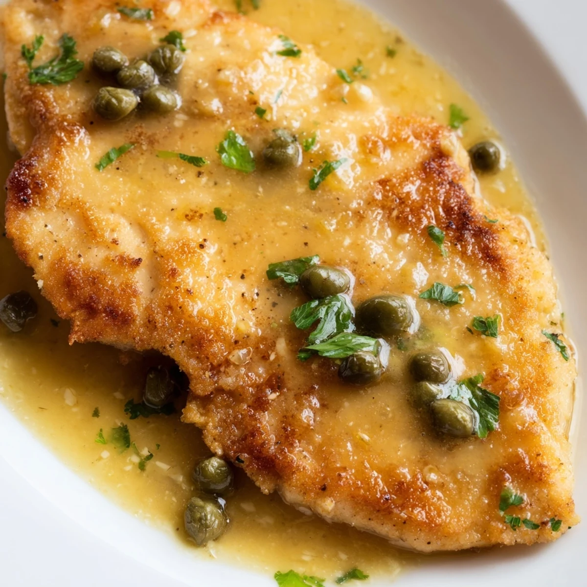Bright lemon-caper sauce coats tender sautéed chicken piccata cutlets, served ready for a delicious Italian-American dinner.