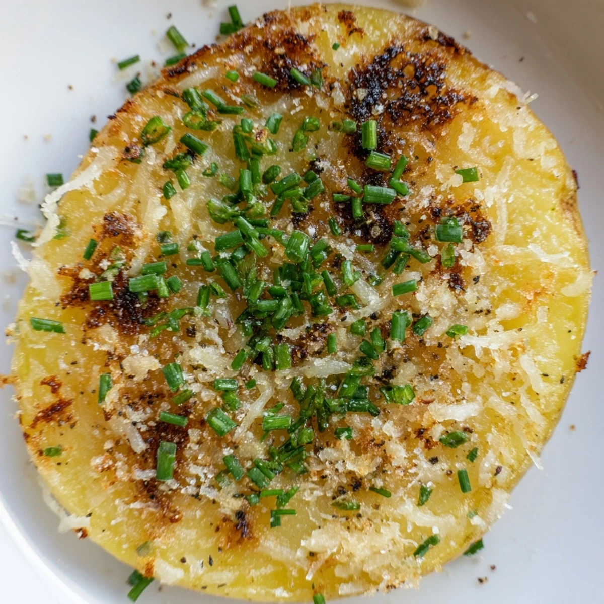 Golden brown Garlic Parmesan Smashed Potatoes with melted cheese and fresh chives are served alongside grilled steak.