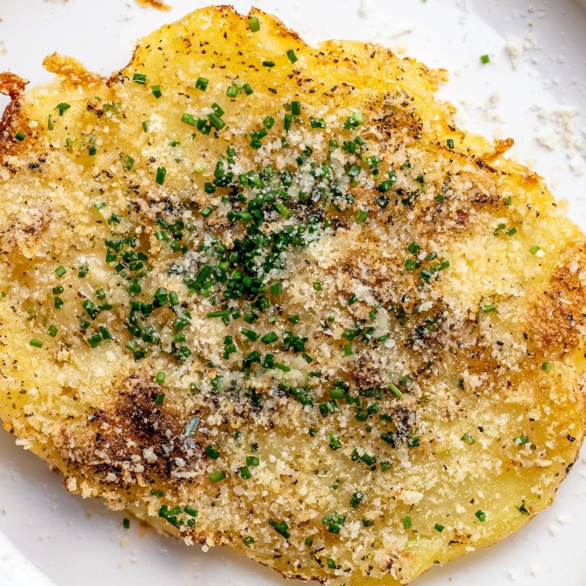 A serving platter features crispy Garlic Parmesan Smashed Potatoes drizzled with melted butter and scattered with chives.