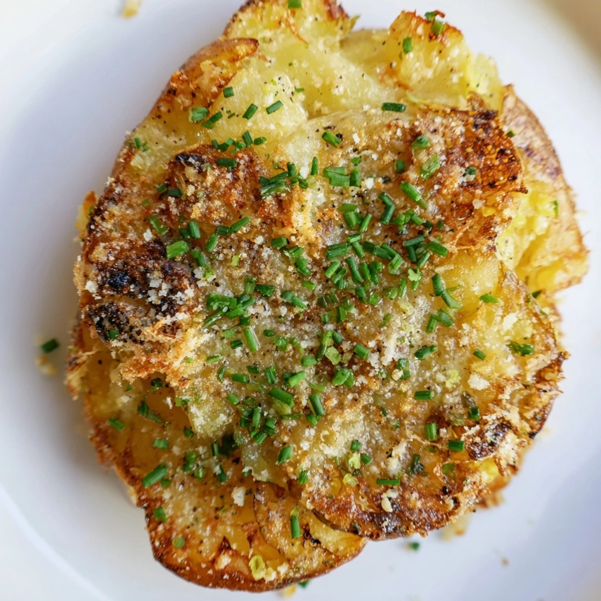 Fluffy inside with crispy edges, these smashed potatoes are garnished with fresh chives for a savory side dish.