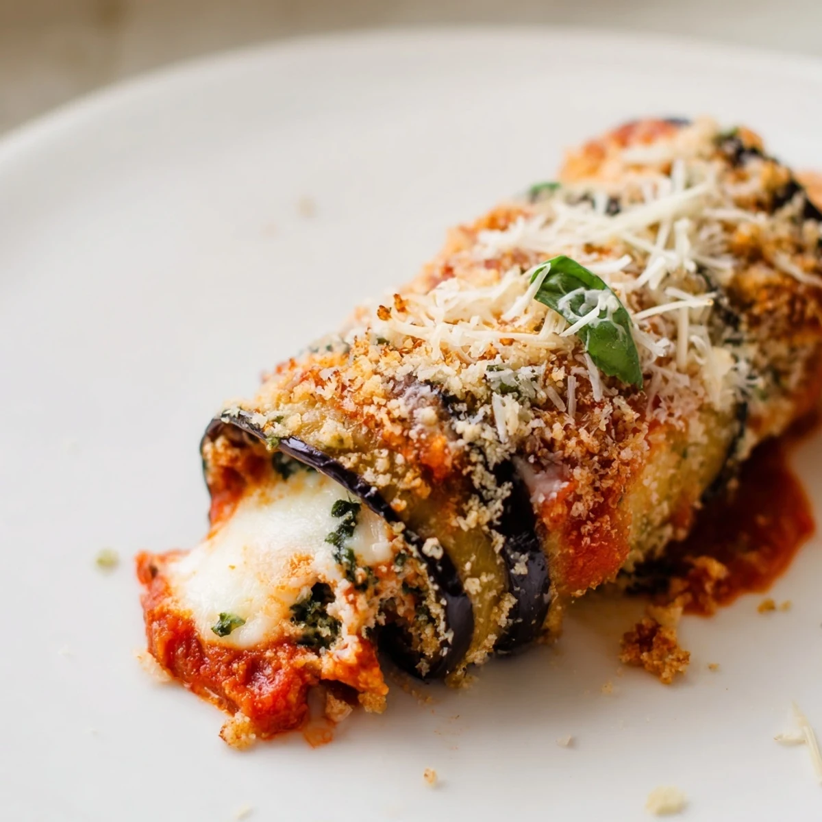 Tender rolled eggplant slices filled with creamy ricotta and herbs, garnished with fresh basil and served alongside a crisp green salad.