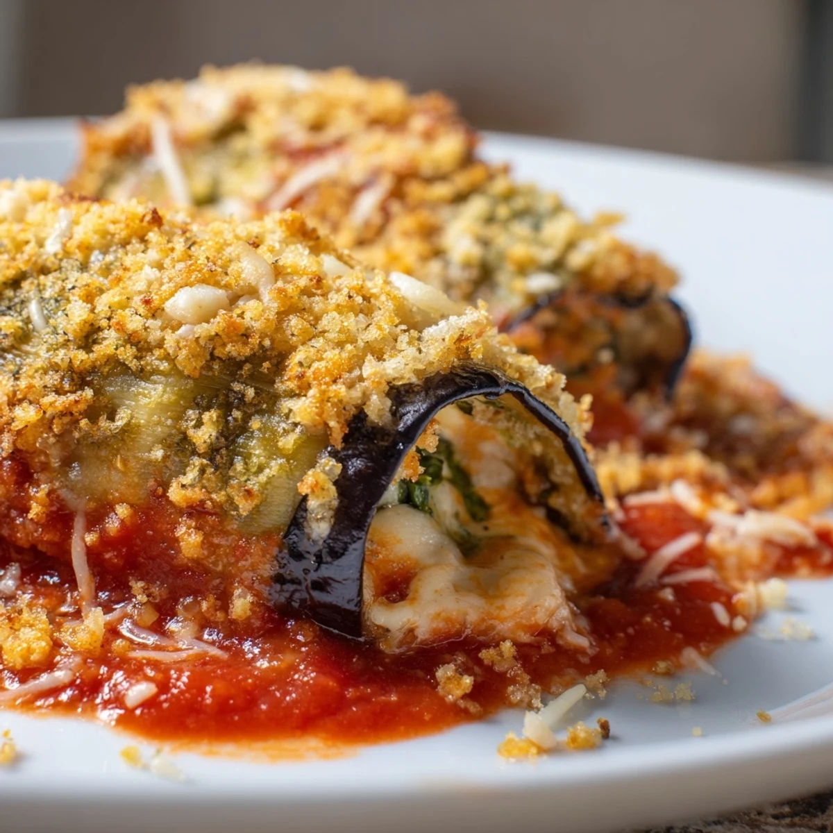 Close-up of Baked Eggplant Rollatini with Ricotta and Herbs on a fork, revealing the cheesy filling and rich tomato sauce.