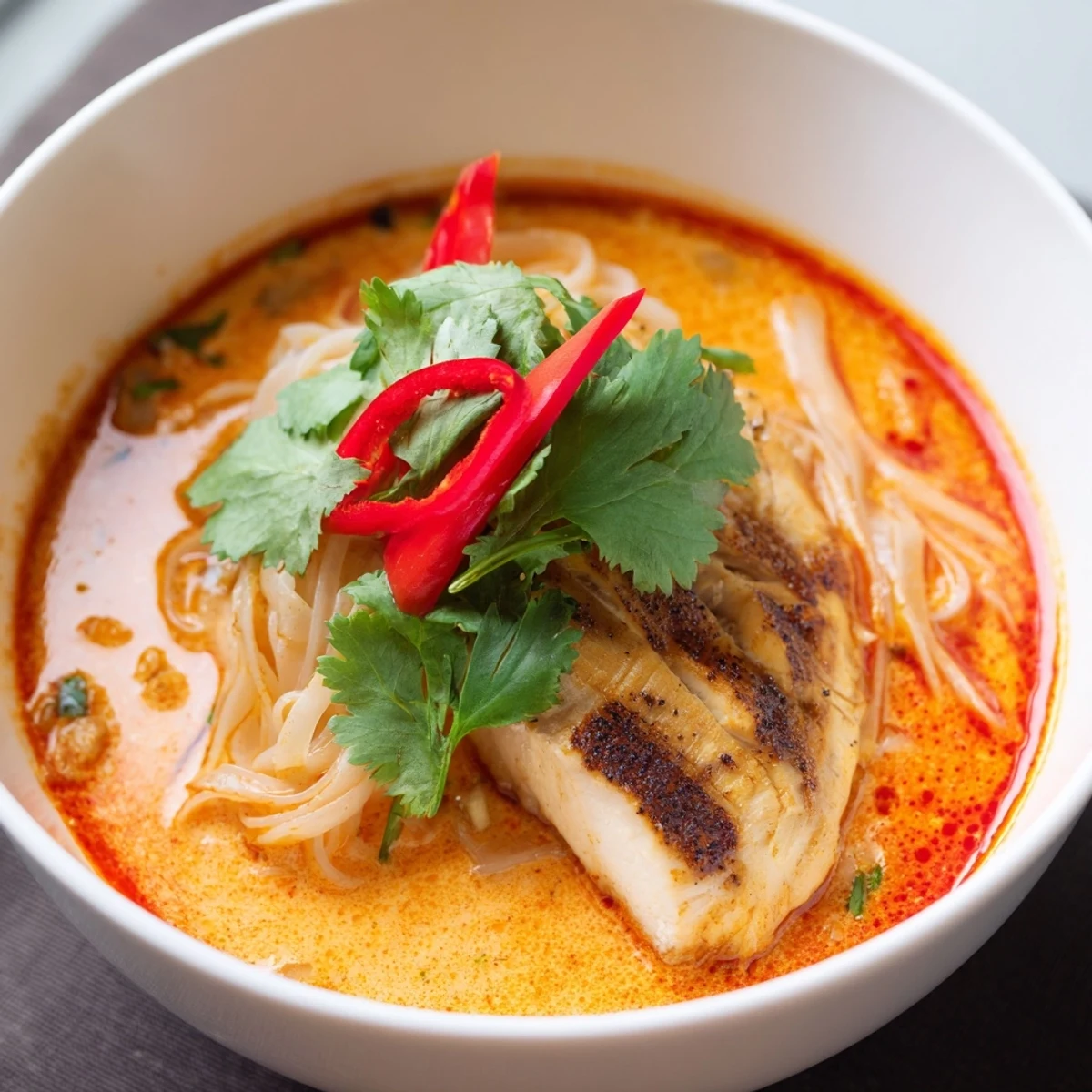 Thai Red Curry Noodle Soup with Grilled Chicken features charred chicken slices and fresh herbs over creamy coconut broth.