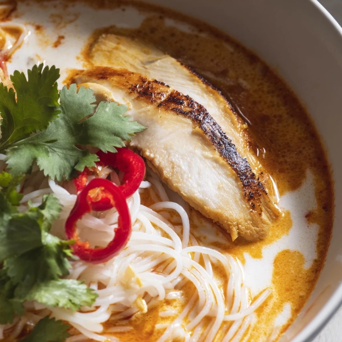 A bowl of Thai Red Curry Noodle Soup with Grilled Chicken, steaming with vibrant red peppers and tender noodles.