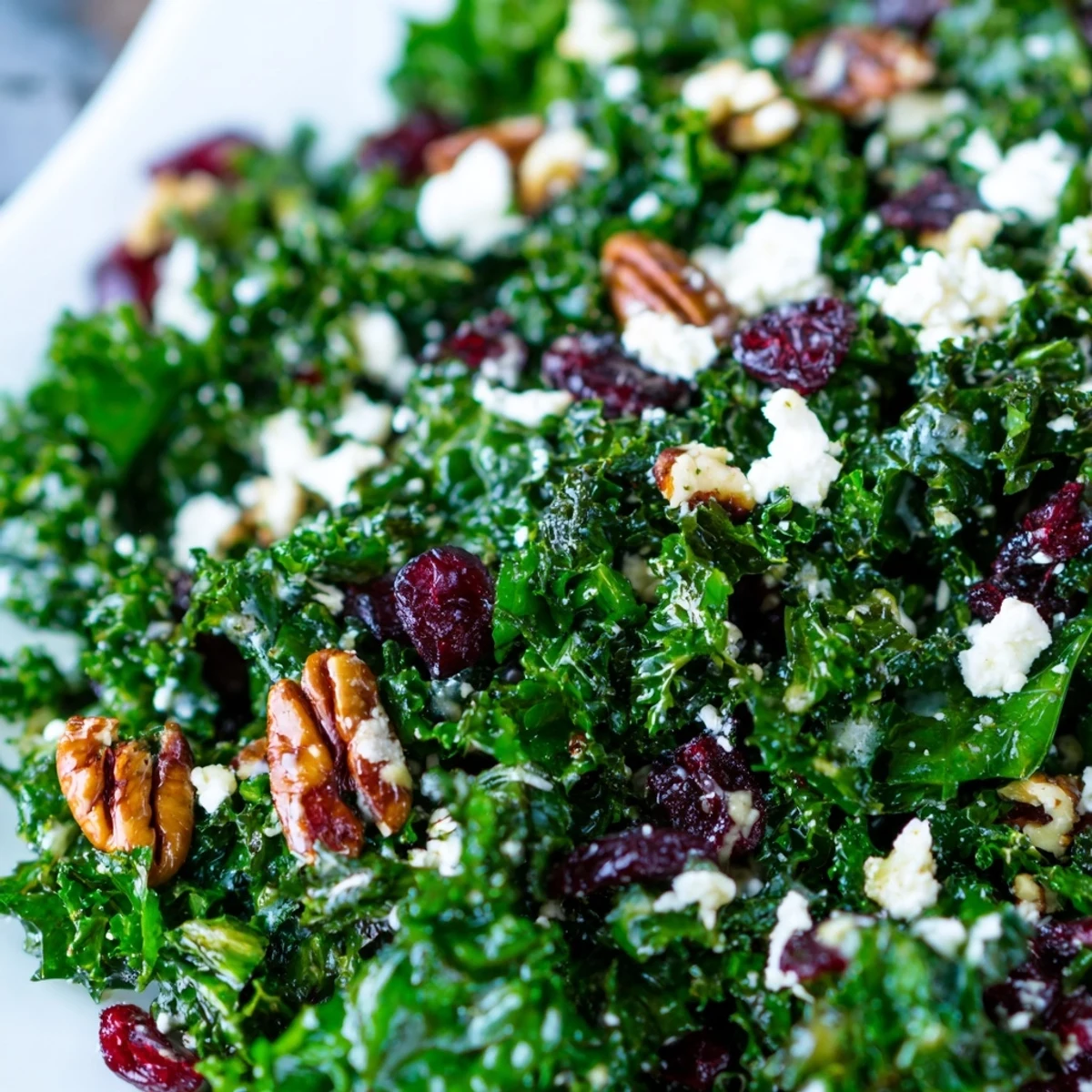 Freshly massaged kale topped with toasted pecans, dried cranberries, apple slices, and red onion in a shiny maple-Dijon dressing.