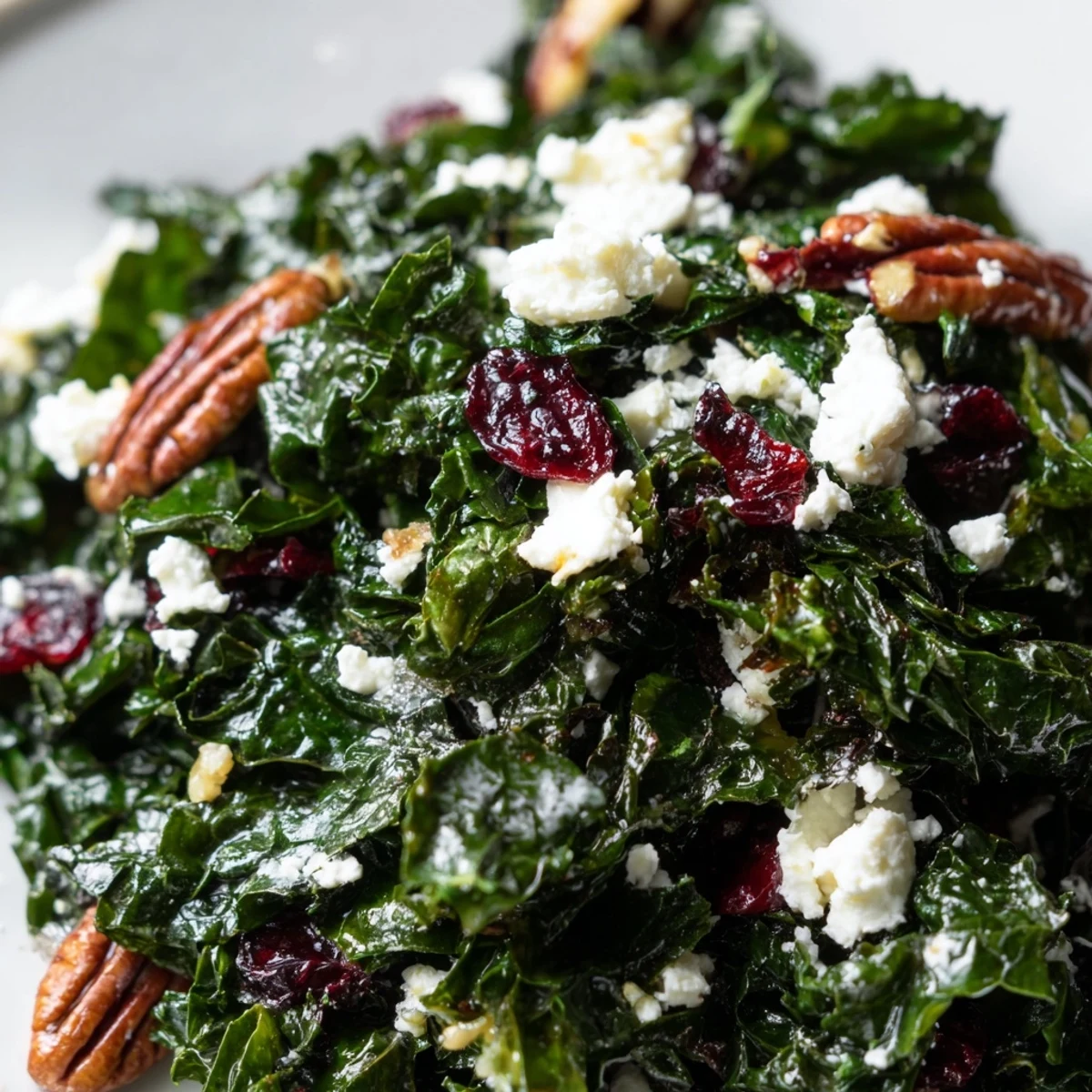 A close-up of the Winter Kale Salad with Pecans and Cranberries, featuring crumbled feta and glistening vinaigrette on a rustic table.