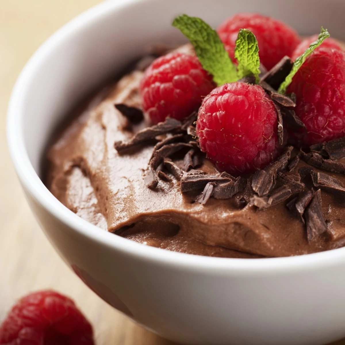 A glass bowl of chilled Chocolate Avocado Mousse topped with fresh raspberries and dark chocolate shavings, served as a healthy dessert.