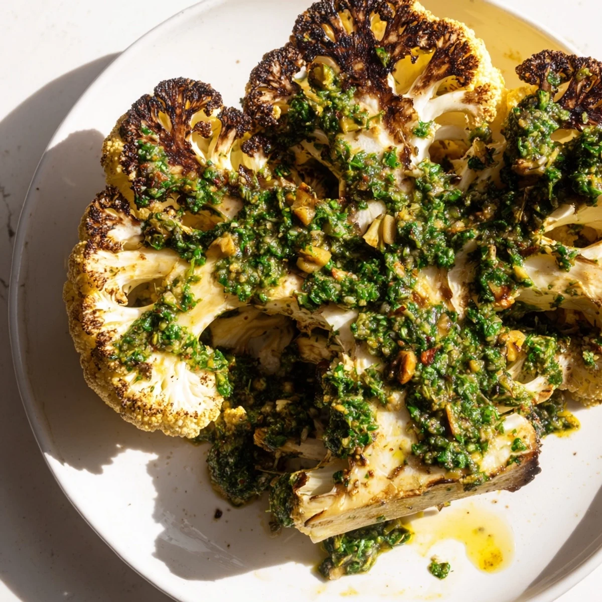 Roasted Cauliflower Steaks with Chimichurri topped with vibrant green sauce and served alongside fluffy quinoa.