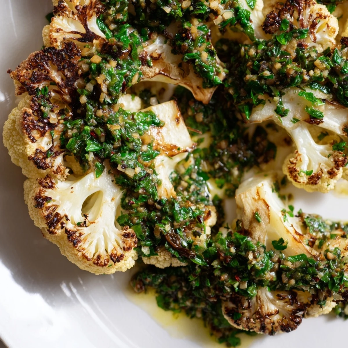 Thick-cut Roasted Cauliflower Steaks with Chimichurri, drizzled with herby sauce and ready for a vegan dinner.