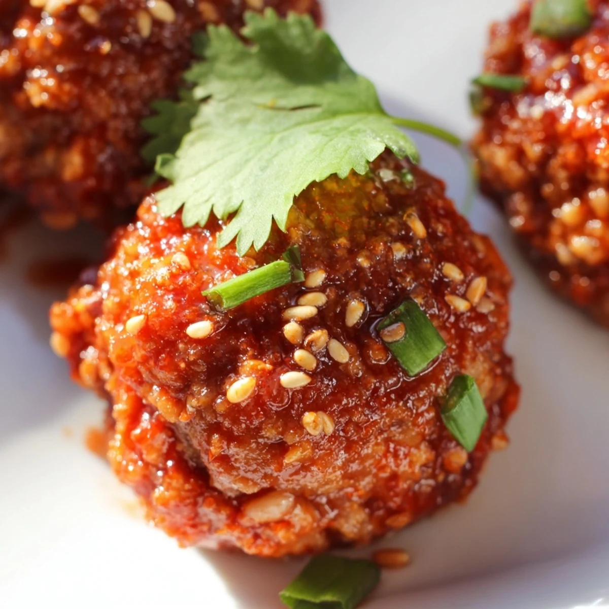 Golden-brown Spicy Sriracha Beef Meatballs with Sesame Seeds served over fluffy white rice with fresh cilantro and sesame seeds.