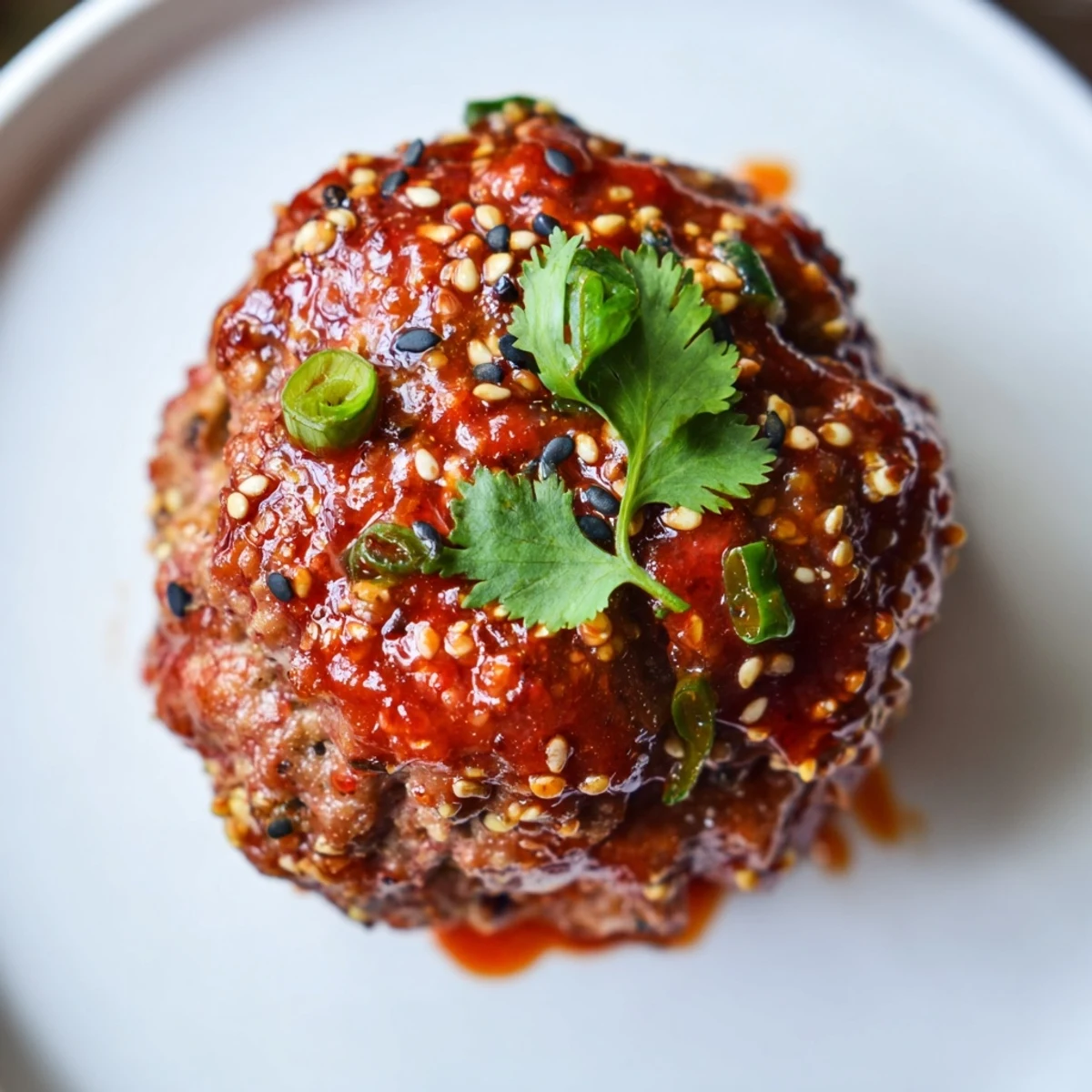 Freshly baked Spicy Sriracha Beef Meatballs with Sesame Seeds glazed with a sticky, spicy sauce and garnished with green onions.