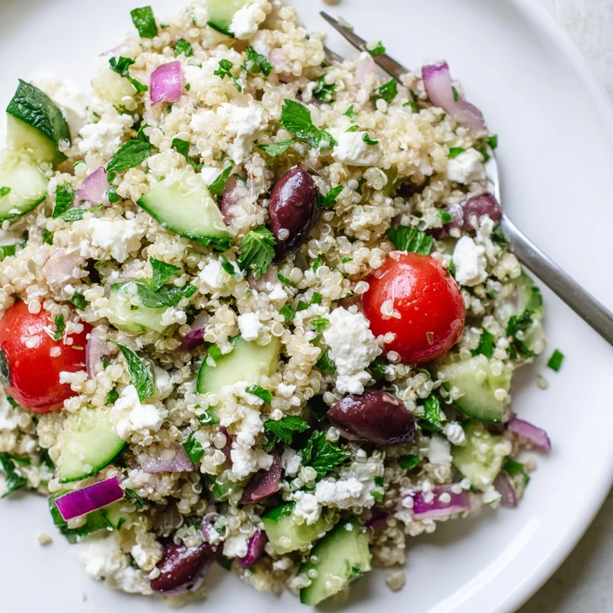 Freshly prepared Mediterranean Quinoa Salad served in a white bowl, featuring fluffy quinoa, crisp cucumbers, and colorful vegetables.