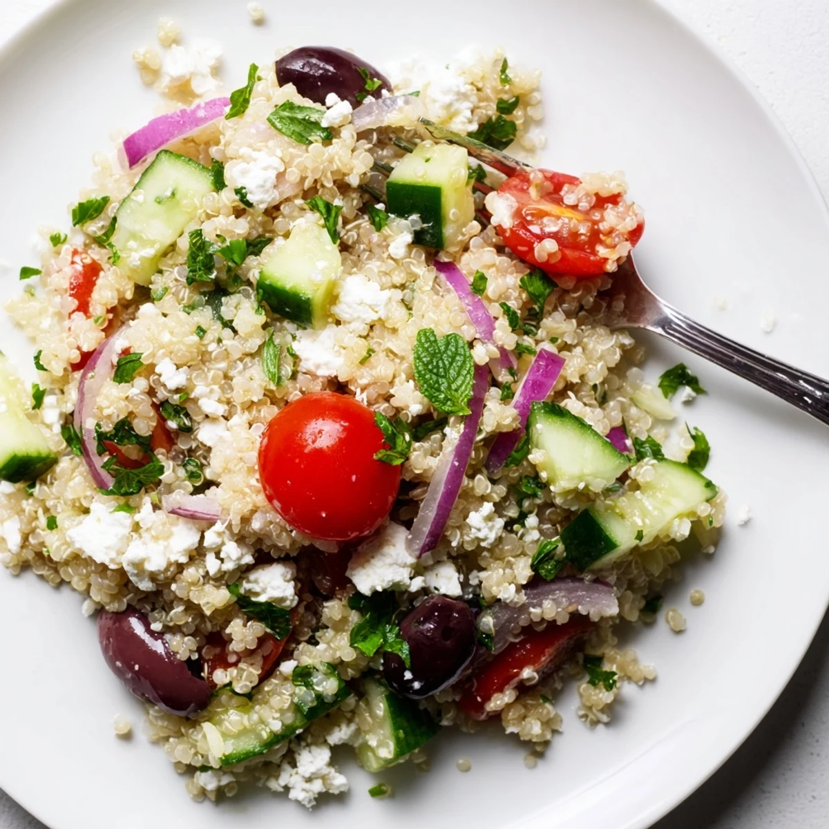 Ready-to-eat Mediterranean Quinoa Salad topped with Kalamata olives and herbs, perfect for a healthy vegetarian lunch or side dish.