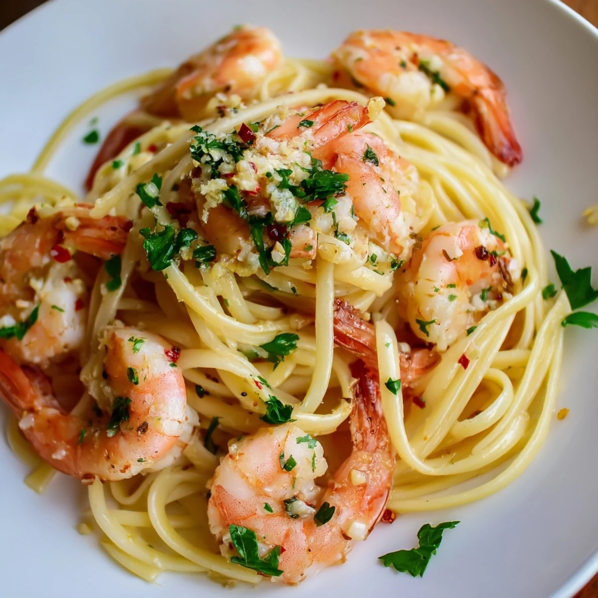 Bright and inviting Lemon Garlic Butter Shrimp Scampi served on a bed of linguine, garnished with fresh parsley and lemon wedges.