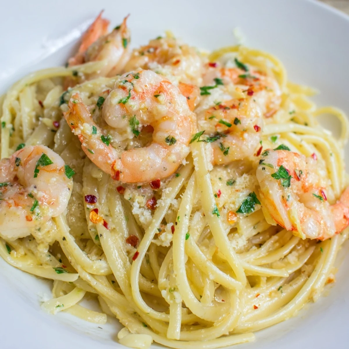 Restaurant-style Lemon Garlic Butter Shrimp Scampi plated elegantly, highlighting the golden garlic butter sauce and vibrant fresh herbs.