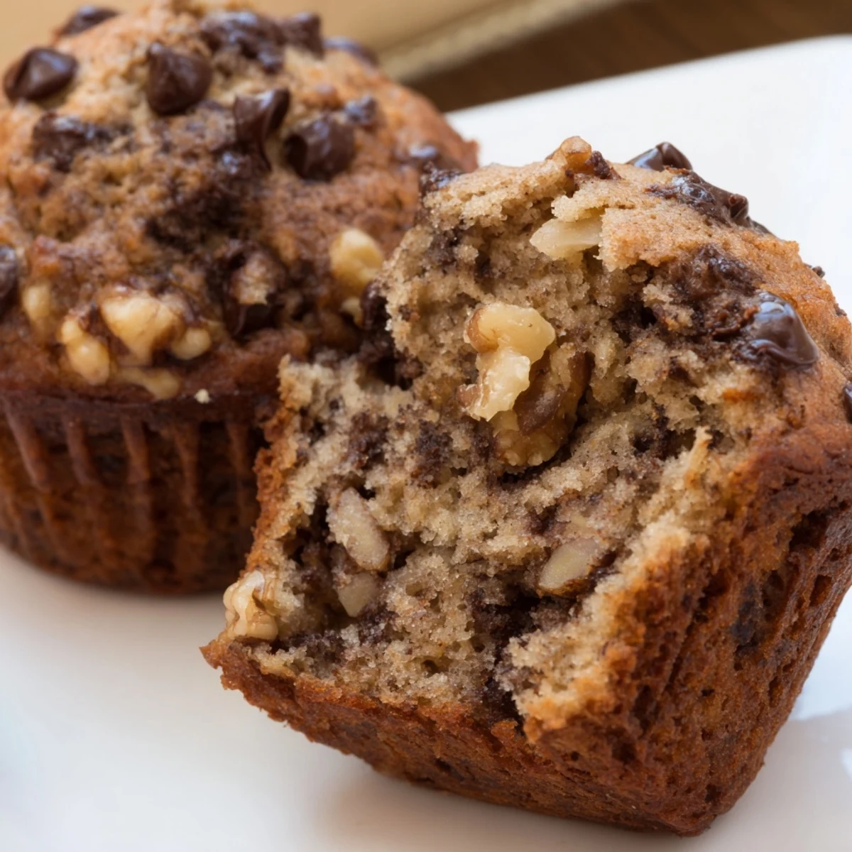 Golden brown Chocolate Chip Banana Bread Muffins with Walnuts topped with coarse sugar, served warm on a rustic wooden board.