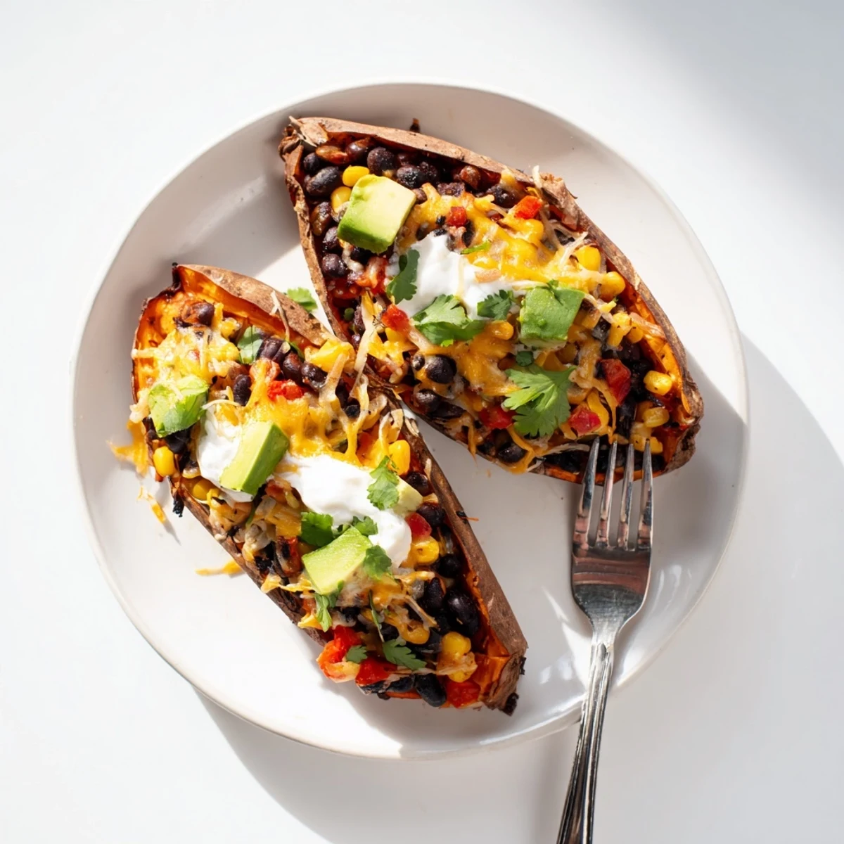 Golden-brown baked sweet potato skins loaded with savory black beans, corn, and peppers, generously topped with melted cheddar cheese.