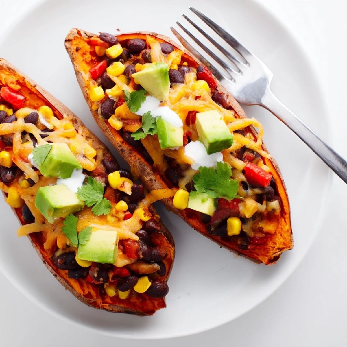 Close-up of golden Loaded Sweet Potato Skins with Black Beans, featuring a steamy, cheesy filling with vibrant red peppers and green onions.