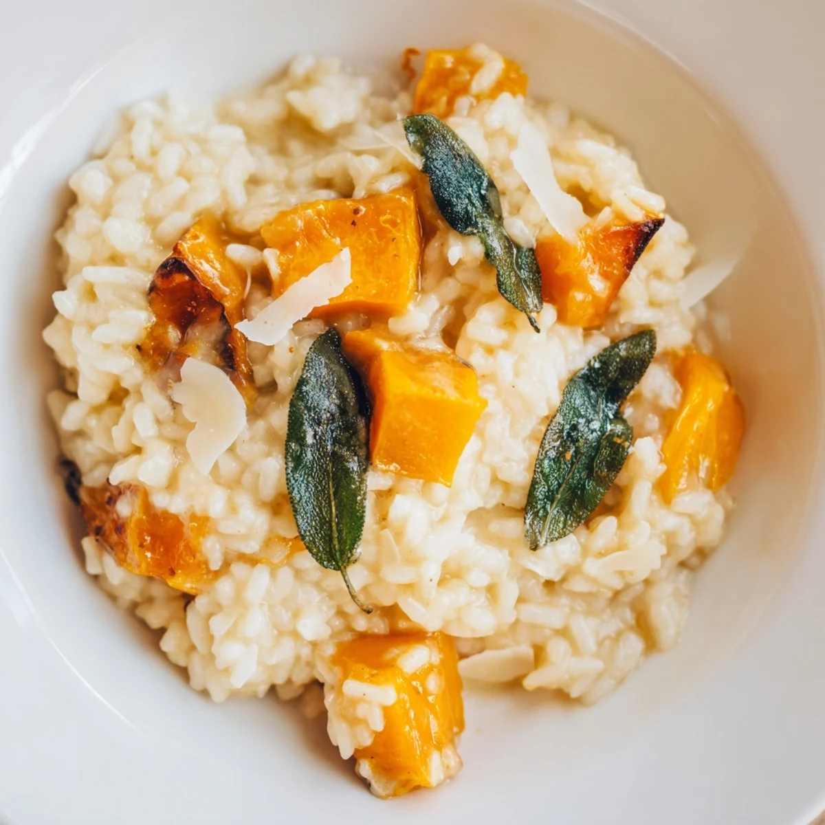 Creamy Butternut Squash Risotto topped with crispy sage leaves, served in a rustic white bowl on a wooden table.