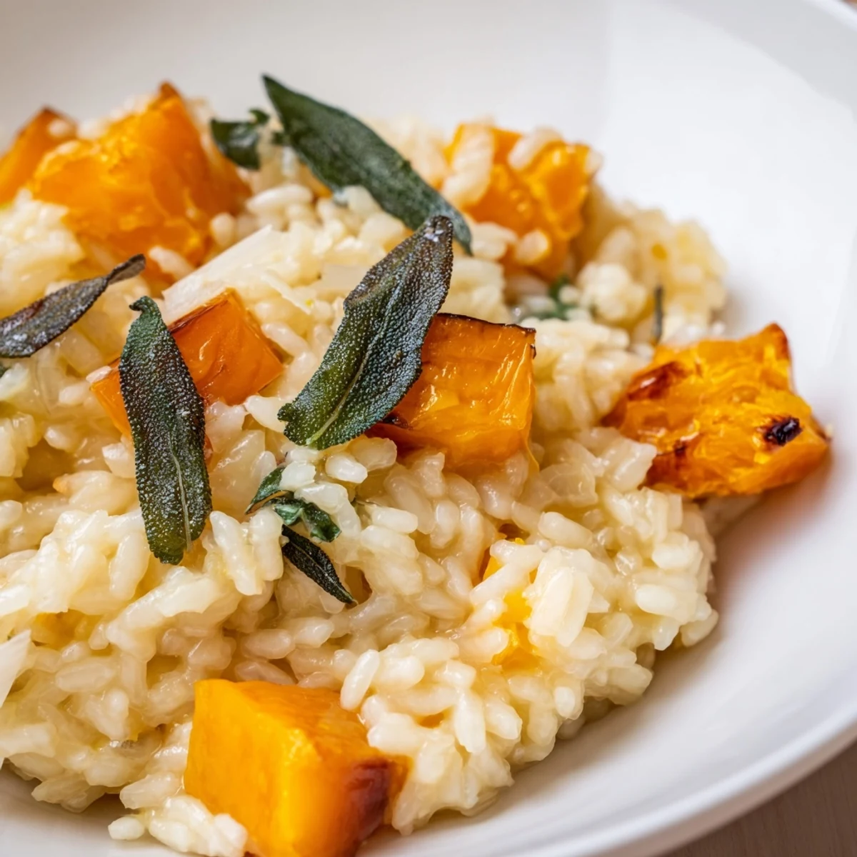 Golden Butternut Squash Risotto finished with parmesan and crispy sage, garnished with fresh herbs for an autumnal main dish.