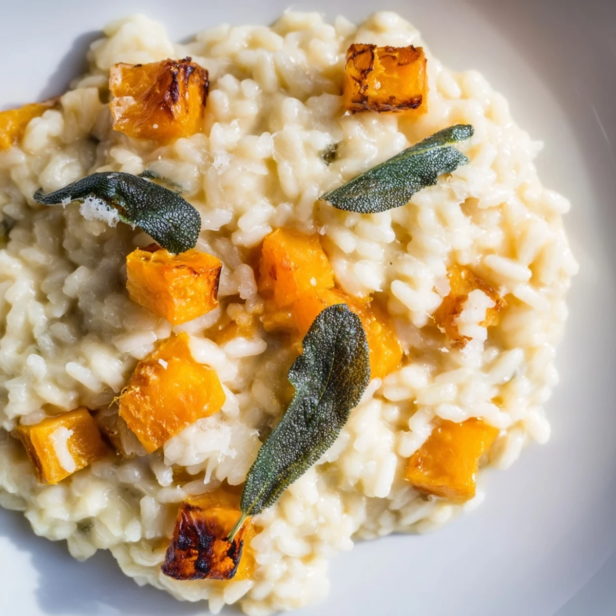 A comforting bowl of Butternut Squash Risotto featuring tender squash cubes, creamy rice, and crispy sage leaves.