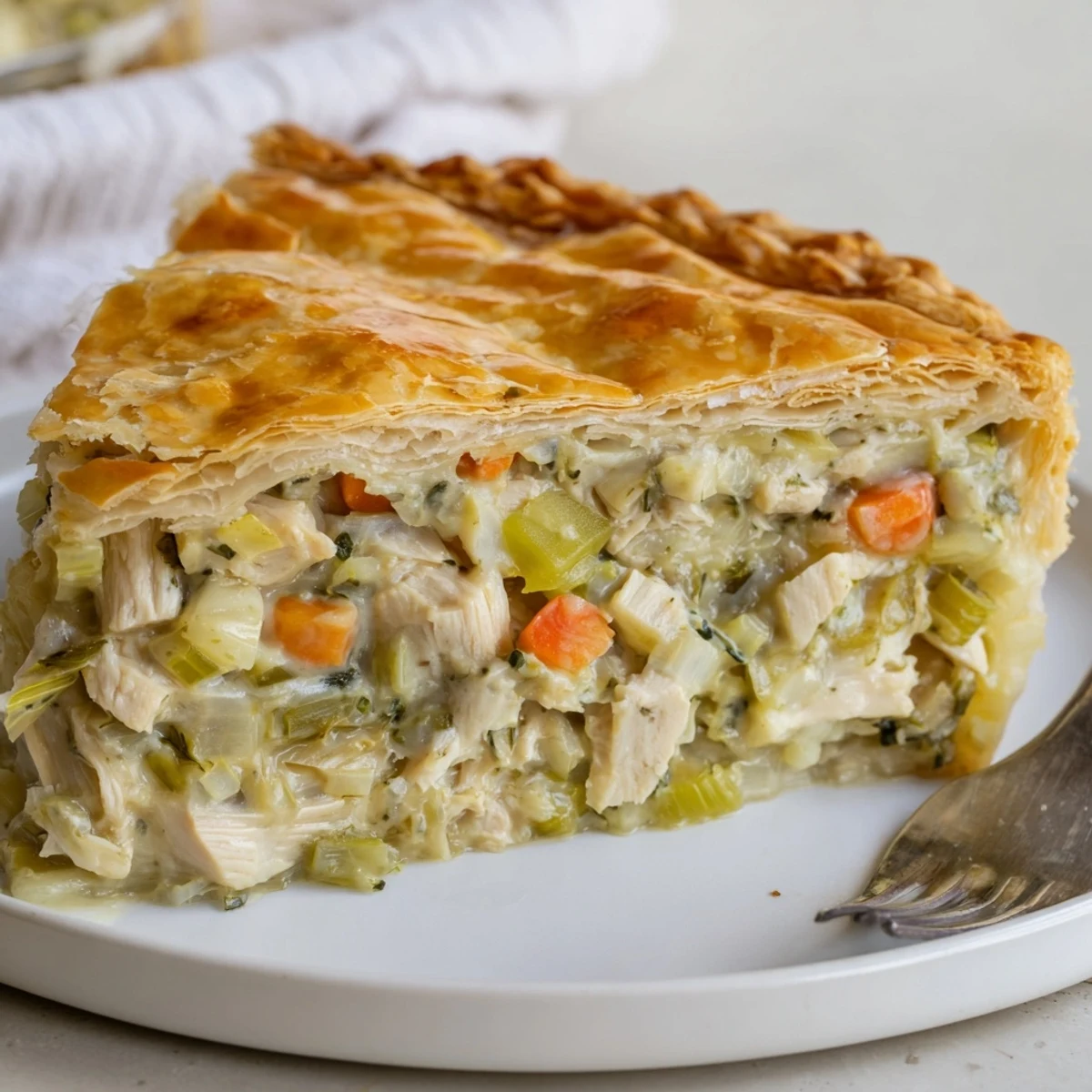 Savory Chicken and Leek Pie fresh from the oven with golden, flaky pastry, ready to serve with mashed potatoes and fresh thyme.