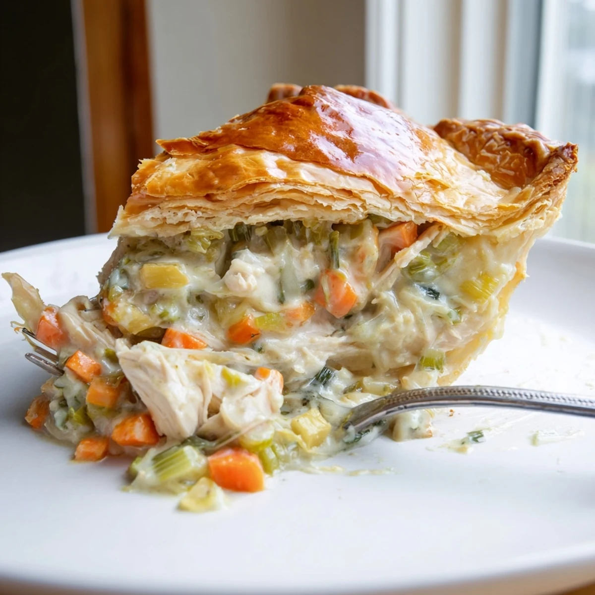 Whole Savory Chicken and Leek Pie in a rustic dish, brushed with egg wash and a side of fresh green salad.