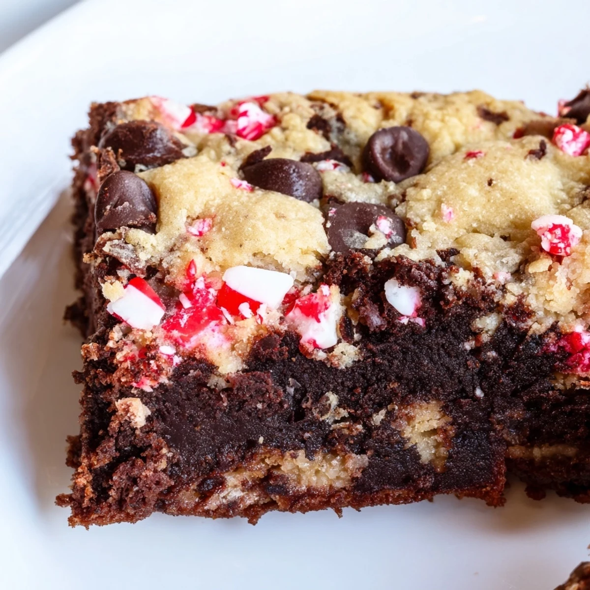 A close-up view of Peppermint Chocolate Chip Brookies showing fudgy brownie layers and a soft cookie topping with red peppermint candy pieces.