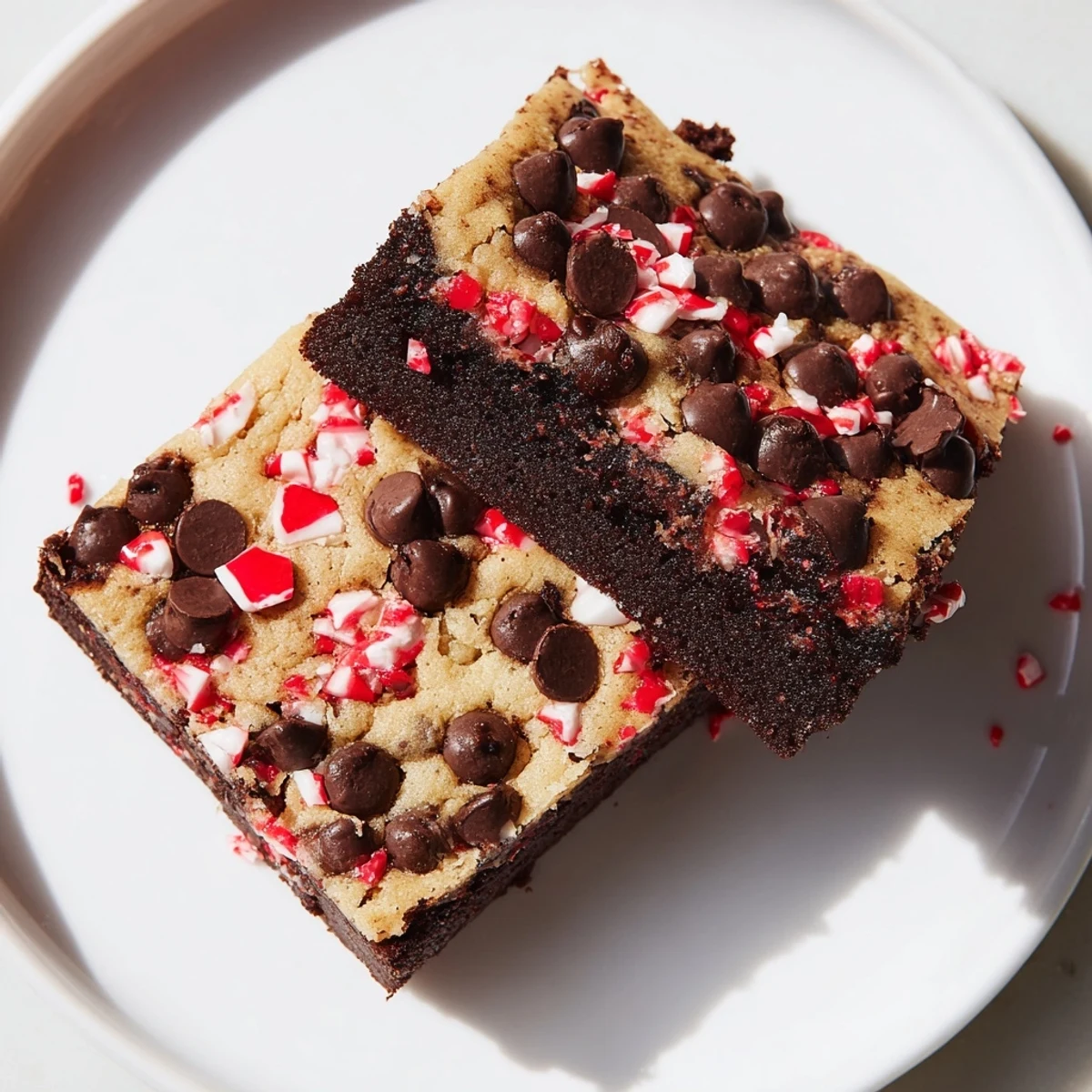 Golden-baked Peppermint Chocolate Chip Brookies squares stacked on a white plate with melted chocolate chips and crushed candy cane garnish.