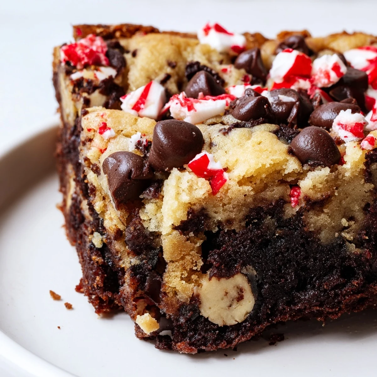 A hand holding a rich Peppermint Chocolate Chip Brookies bar with gooey chocolate chunks and festive peppermint flakes on a cozy table.
