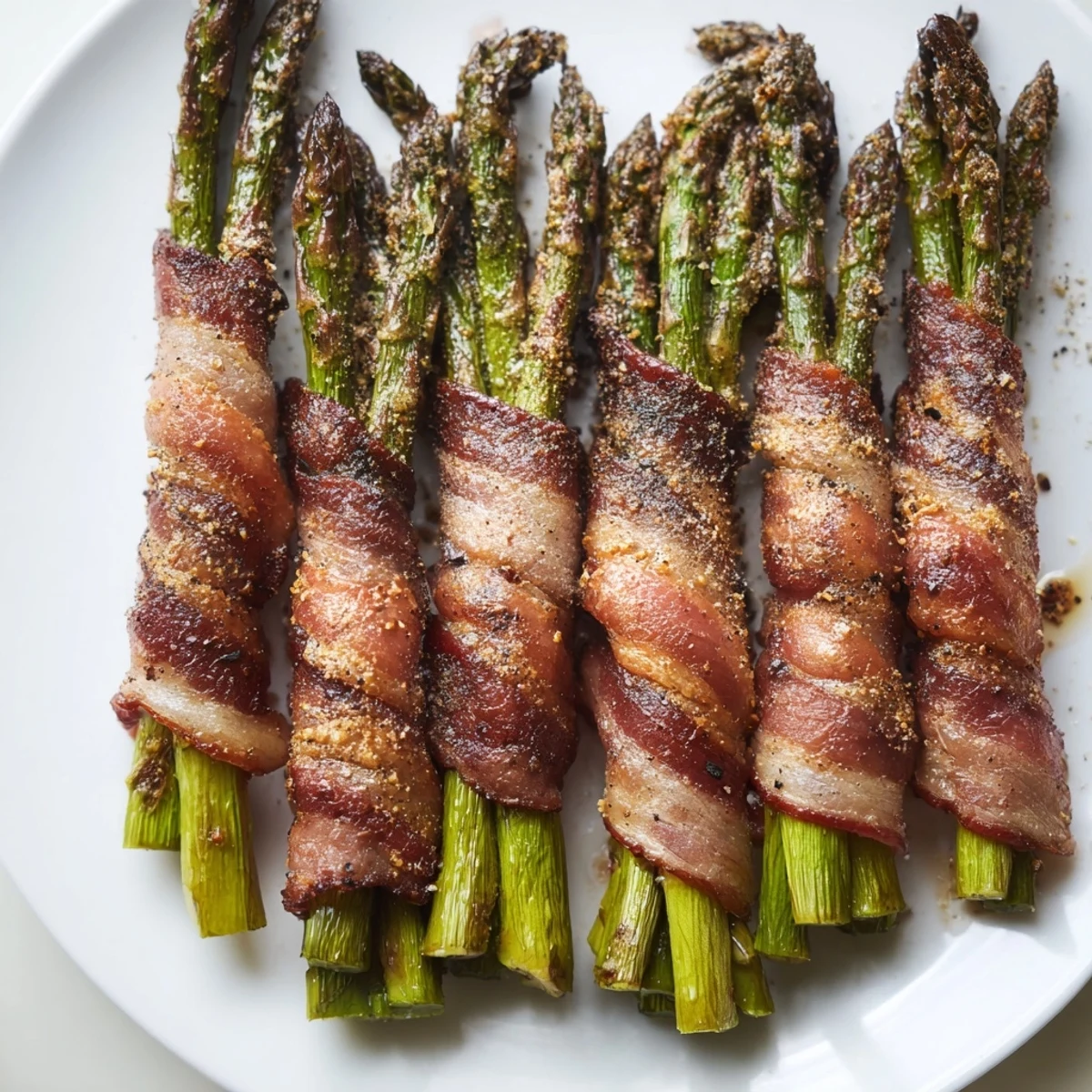 Golden crispy beef bacon wrapped around tender green asparagus spears, roasted and served with fresh lemon wedges.