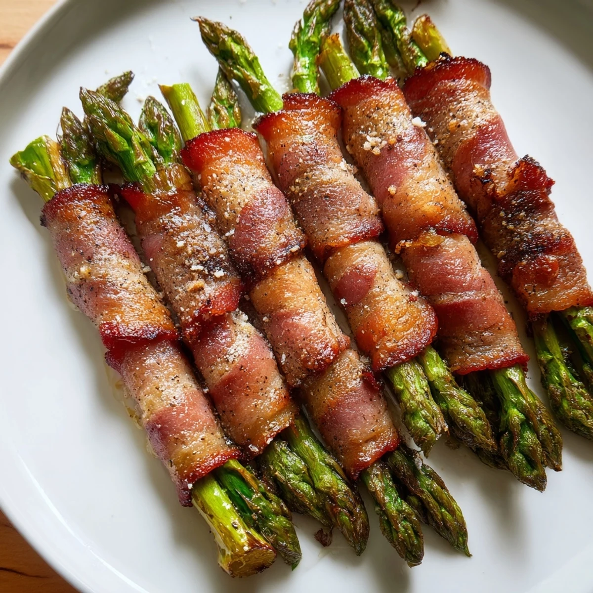 Savory Crispy Beef Bacon Wrapped Asparagus Bundles garnished with Parmesan and lemon wedges, perfect for entertaining.